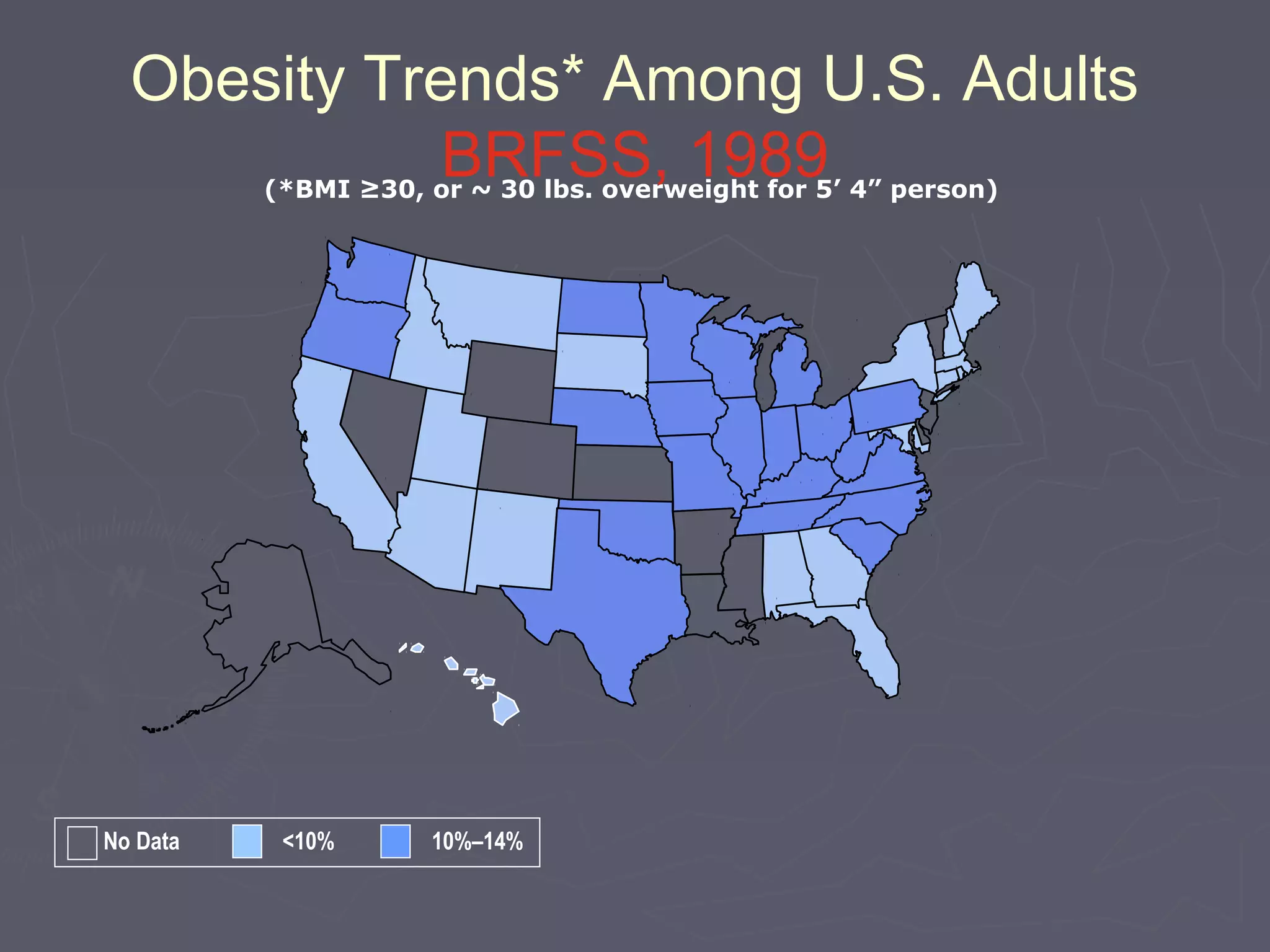 Obesity Trends* Among U.S. Adults
BRFSS, 1989(*BMI ≥30, or ~ 30 lbs. overweight for 5’ 4” person)
No Data <10% 10%–14%
 