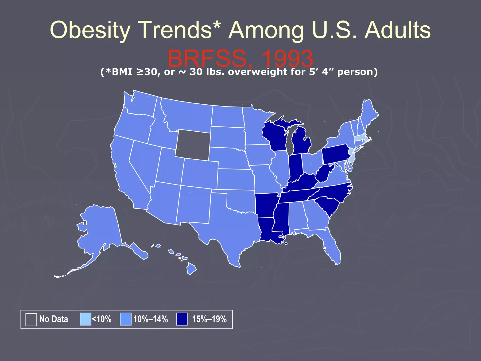 Obesity Trends* Among U.S. Adults
BRFSS, 1993(*BMI ≥30, or ~ 30 lbs. overweight for 5’ 4” person)
No Data <10% 10%–14% 15%–19%
 