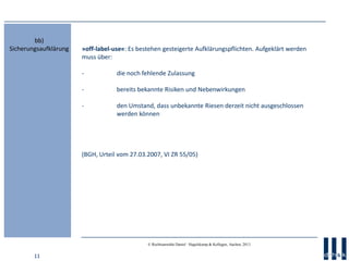 11
© Rechtsanwälte Daniel · Hagelskamp & Kollegen, Aachen, 2013
»off-label-use«: Es bestehen gesteigerte Aufklärungspflichten. Aufgeklärt werden
muss über:
- die noch fehlende Zulassung
- bereits bekannte Risiken und Nebenwirkungen
- den Umstand, dass unbekannte Riesen derzeit nicht ausgeschlossen
werden können
(BGH, Urteil vom 27.03.2007, VI ZR 55/05)
bb)
Sicherungsaufklärung
 