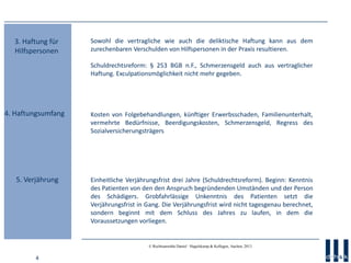 4
© Rechtsanwälte Daniel · Hagelskamp & Kollegen, Aachen, 2013
3. Haftung für
Hilfspersonen
Sowohl die vertragliche wie auch die deliktische Haftung kann aus dem
zurechenbaren Verschulden von Hilfspersonen in der Praxis resultieren.
Schuldrechtsreform: § 253 BGB n.F., Schmerzensgeld auch aus vertraglicher
Haftung. Exculpationsmöglichkeit nicht mehr gegeben.
Kosten von Folgebehandlungen, künftiger Erwerbsschaden, Familienunterhalt,
vermehrte Bedürfnisse, Beerdigungskosten, Schmerzensgeld, Regress des
Sozialversicherungsträgers
Einheitliche Verjährungsfrist drei Jahre (Schuldrechtsreform). Beginn: Kenntnis
des Patienten von den den Anspruch begründenden Umständen und der Person
des Schädigers. Grobfahrlässige Unkenntnis des Patienten setzt die
Verjährungsfrist in Gang. Die Verjährungsfrist wird nicht tagesgenau berechnet,
sondern beginnt mit dem Schluss des Jahres zu laufen, in dem die
Voraussetzungen vorliegen.
5. Verjährung
4. Haftungsumfang
 