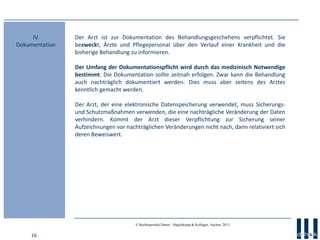 16
© Rechtsanwälte Daniel · Hagelskamp & Kollegen, Aachen, 2013
Der Arzt ist zur Dokumentation des Behandlungsgeschehens v...