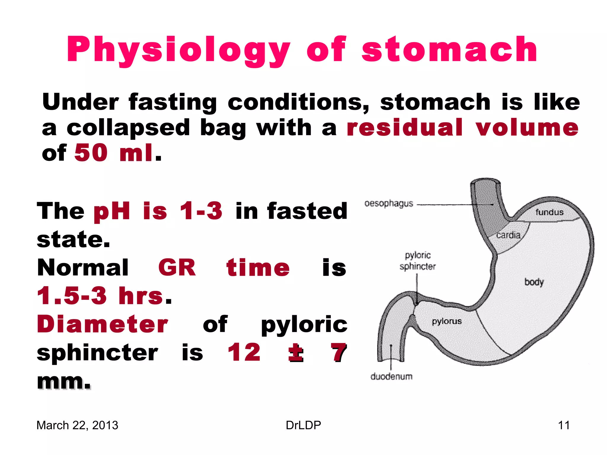 Physiology of stomach
Under fasting conditions, stomach is like
a collapsed bag with a residual volume
of 50 ml.

The pH is 1-3 in fasted
state.
Normal GR time is
1.5-3 hrs.
Diameter of pyloric
sphincter is 12 ± 7
mm.
March 22, 2013    DrLDP                11
 