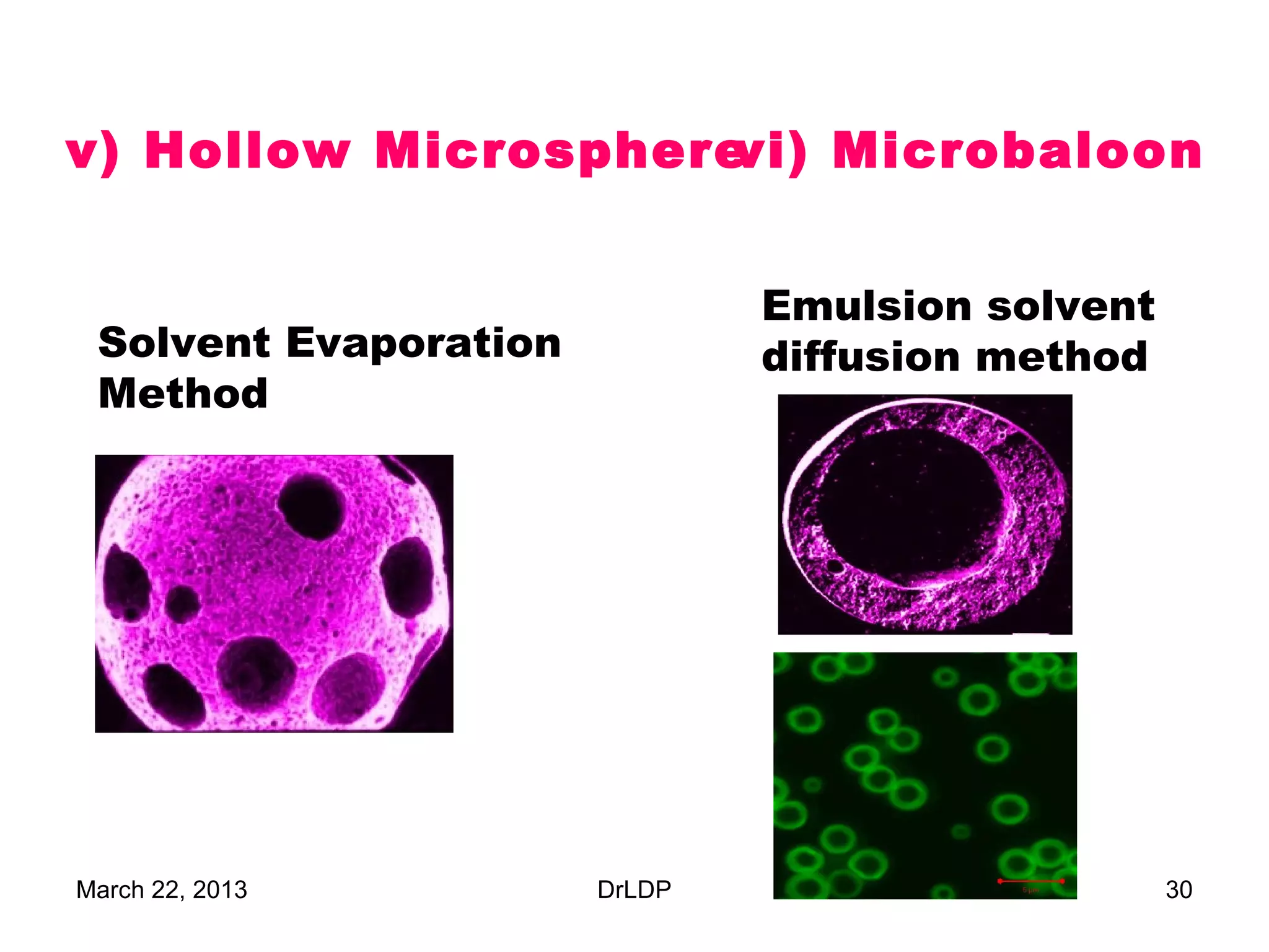 v) Hollow Microspherevi) Microbaloon


                               Emulsion solvent
 Solvent Evaporation           diffusion method
 Method




March 22, 2013         DrLDP                      30
 