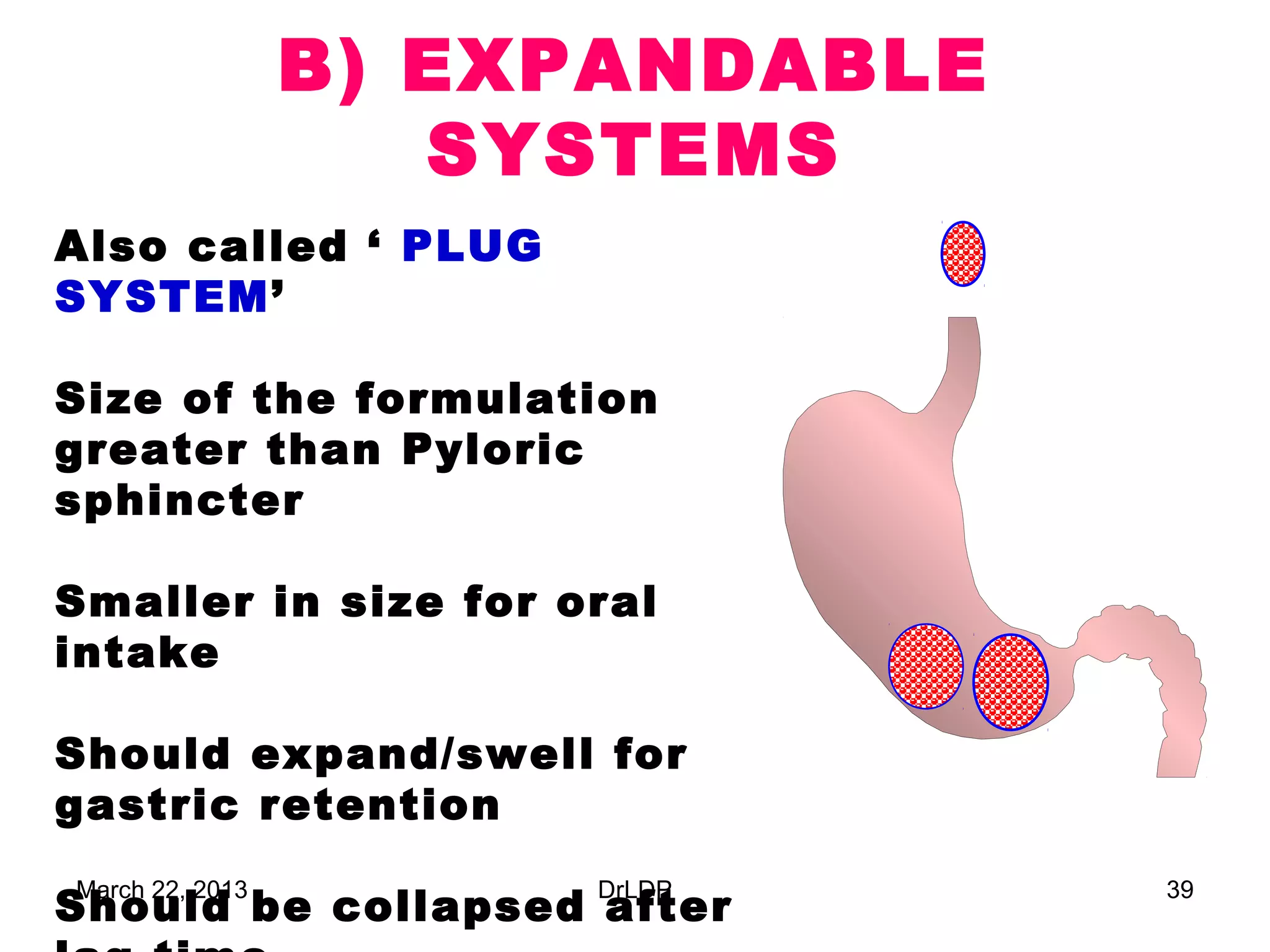 B) EXPANDABLE
                    SYSTEMS
Also called ‘ PLUG
SYSTEM’

Size of the formulation
greater than Pyloric
sphincter

Smaller in size for oral
intake

Should expand/swell for
gastric retention

Should be collapsed after
March 22, 2013        DrLDP      39
 