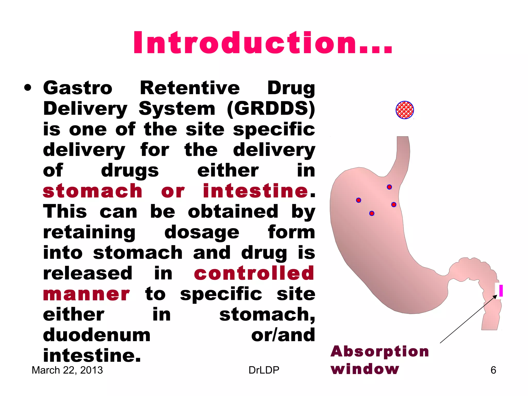 Introduction...
• Gastro Retentive Drug
  Delivery System (GRDDS)
  is one of the site specific
  delivery for the delivery
  of    drugs    either     in
  stomach or intestine .
  This can be obtained by
  retaining dosage form
  into stomach and drug is
  released in controlled
  manner to specific site
  either     in     stomach,
  duodenum             or/and
  intestine.                     Absorption
March 22, 2013         DrLDP     window       6
 
