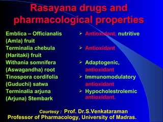 Rasayana drugs and
   pharmacological properties
Emblica – Officianalis         Antioxidant, nutritive
(Amla) fruit
Termi...