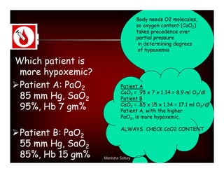 Body needs O2 molecules,
                                   so oxygen content (CaO2)
                                   takes precedence over
                                   partial pressure
                                    in determining degrees
                                    of hypoxemia

Which patient is
 more hypoxemic?
Patient A: PaO2           Patient A
                           CaO2 = .95 x 7 x 1.34 = 8.9 ml O2/dl
 85 mm Hg, SaO2            Patient B
 95%, Hb 7 gm%             CaO2 = .85 x 15 x 1.34 = 17.1 ml O2/dl
                           Patient A, with the higher
                           PaO2, is more hypoxemic.

                           ALWAYS CHECK CaO2 CONTENT
Patient B: PaO2
 55 mm Hg, SaO2
 85%, Hb 15 gm%    Manisha Sahay
 