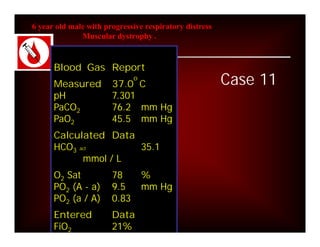 6 year old male with progressive respiratory distress
              Muscular dystrophy .


      Blood Gas Report
      Measured         37.0 C
                              o
                                                        Case 11
      pH               7.301
      PaCO2            76.2 mm Hg
      PaO2             45.5 mm Hg
      Calculated Data
      HCO3 act        35.1
            mmol / L
      O2 Sat           78         %
      PO2 (A - a)      9.5        mm Hg
      PO2 (a / A)      0.83
      Entered          Data
      FiO2             21%
 