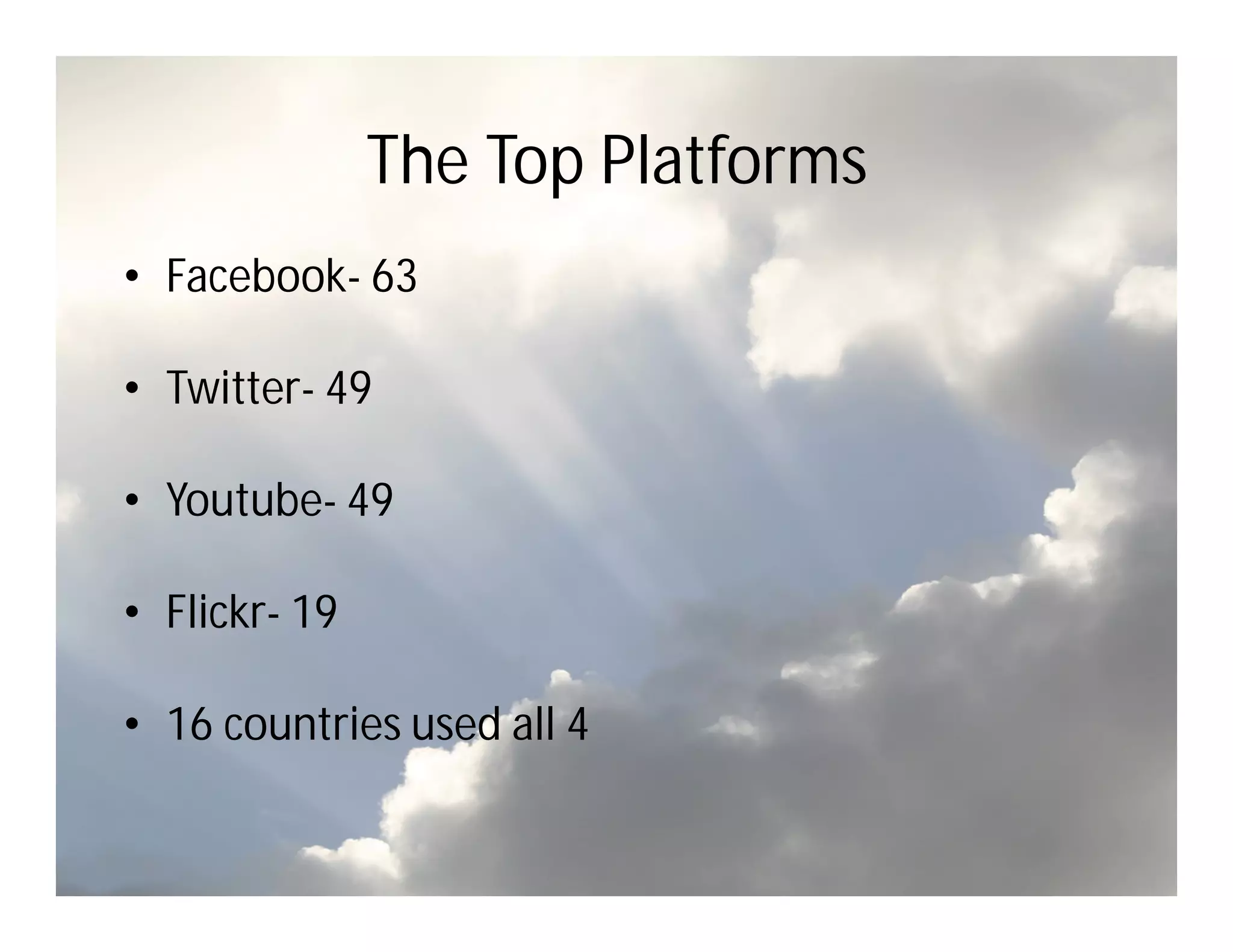 The Top Platforms
• Facebook- 63

• Twitter- 49

• Youtube- 49

• Flickr- 19

• 16 countries used all 4
 