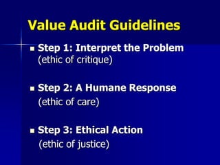 Value Audit Guidelines
   Step 1: Interpret the Problem
    (ethic of critique)

   Step 2: A Humane Response
    (ethic of care)

   Step 3: Ethical Action
    (ethic of justice)
 