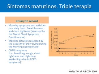 Síntomas matutinos. Triple terapia

         eDiary to record
• Morning symptoms and activities
  on a daily basis. Breathlessness
  and chest tightness (assessed by
  the Global Chest Symptoms
  Questionnaire)
• Morning activities (assessed by
  the Capacity of Daily Living during
  the Morning questionnaire)
• COPD symptoms
  (i.e., breathing, cough, chest
  tightness, and nighttime
  awakenings due to COPD
  symptoms)


                                        Welte T et al. AJRCCM 2009
 
