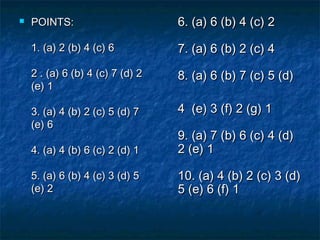 

POINTS:

6. (a) 6 (b) 4 (c) 2

1. (a) 2 (b) 4 (c) 6

7. (a) 6 (b) 2 (c) 4

2 . (a) 6 (b) 4 (c) 7 (d) 2
(e) 1

8. (a) 6 (b) 7 (c) 5 (d)

3. (a) 4 (b) 2 (c) 5 (d) 7
(e) 6

4  (e) 3 (f) 2 (g) 1

4. (a) 4 (b) 6 (c) 2 (d) 1

9. (a) 7 (b) 6 (c) 4 (d)
2 (e) 1

5. (a) 6 (b) 4 (c) 3 (d) 5
(e) 2

10. (a) 4 (b) 2 (c) 3 (d)
5 (e) 6 (f) 1

 