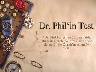 Dr. Phil‘ in  Test i *Dr. Phil  bu testten  55  puan aldı .  Bu testi  Oprah  (Winfrey) üzerinde denediğinde Oprah’ın puanı 38 oldu.   