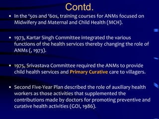 Contd.In the ‘50s and ‘60s, training courses for ANMs focused on Midwifery and Maternal and Child Health (MCH).1973, Kartar Singh Committee integrated the various functions of the health services thereby changing the role of ANMs (, 1973).1975, Srivastava Committee required the ANMs to provide child health services and Primary Curative care to villagers.Second Five-Year Plan described the role of auxiliary health workers as those activities that supplemented the contributions made by doctors for promoting preventive and curative health activities (GOI, 1986).