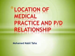 * LOCATION OF
 MEDICAL
 PRACTICE AND P/D
 RELATIONSHIP

Mohamed Nabil Taha
 
