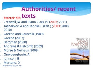 Authorities/ recent
texts
 Starter Kit:
 Creswell JW and Plano Clark VL (2007; 2011)
 Tashakkori A and Teddlie C (Eds.) (2003; 2008;
2010)
 Greene and Caracelli (1989)
 Greene (2007)
 Bergman (2008)
 Andrews & Halcomb (2009)
 Morse & Neihaus (2009)
 Onwueugbuzie, A
 Johnson, B
 Mertens, D
Roslyn Cameron Copyright 2014
 