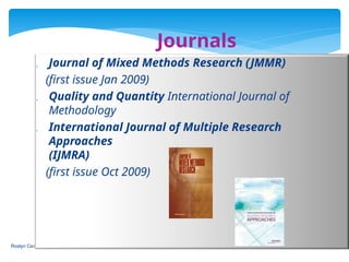 Roslyn Cameron Copyright 2014
Journals
 Journal of Mixed Methods Research (JMMR)
(first issue Jan 2009)
 Quality and Quantity International Journal of
Methodology
 International Journal of Multiple Research
Approaches
(IJMRA)
(first issue Oct 2009)
 
