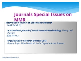Journals Special Issues on
MMR
International Journal of Educational Research
2008 Vol 47 (2)
 International Journal of Social Research Methodology Theory and
Practice
2005 Issue 3
 Organisational Research Methods 2015
 Feature Topic: Mixed Methods in the Organizational Sciences
Roslyn Cameron Copyright 2014
 