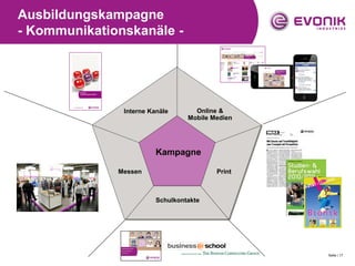 Ausbildungskampagne
- Kommunikationskanäle -




               Interne Kanäle       Online &
                                  Mobile Medien




                         Kampagne

              Messen                      Print



                         Schulkontakte




                                                  Seite | 17
 