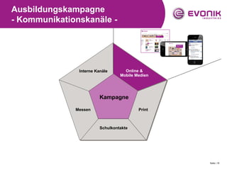 Ausbildungskampagne
- Kommunikationskanäle -




               Interne Kanäle       Online &
                                  Mobile Medien




                         Kampagne

              Messen                      Print



                         Schulkontakte




                                                  Seite | 18
 