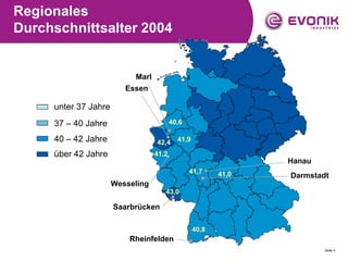 Regionales
Durchschnittsalter 2004


                           Marl
                         Essen

     unter 37 Jahre
     37 – 40 Jahre                       40,6

     40 – 42 Jahre                42,4     41,9

     über 42 Jahre                41,2
                                                                Hanau
                                                41,7     41,0   Darmstadt
                      Wesseling
                                     43,0

                      Saarbrücken

                                                  40,8
                          Rheinfelden
                                                                        Seite 4
 