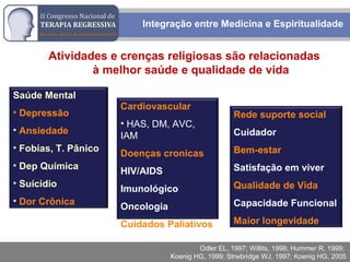 Rodrigo M. Bassi
Atividades e crenças religiosas são relacionadas
à melhor saúde e qualidade de vida
Saúde Mental
• Depressão
• Ansiedade
• Fobias, T. Pânico
• Dep Química
• Suícidio
• Dor Crônica
Cardiovascular
• HAS, DM, AVC,
IAM
Doenças cronicas
HIV/AIDS
Imunológico
Oncologia
Cuidados Paliativos
Rede suporte social
Cuidador
Bem-estar
Satisfação em viver
Qualidade de Vida
Capacidade Funcional
Maior longevidade
Odler EL, 1997; Willits, 1998; Hummer R, 1999;
Koenig HG, 1999; Strwbridge WJ, 1997; Koenig HG, 2005
Integração entre Medicina e Espiritualidade
 