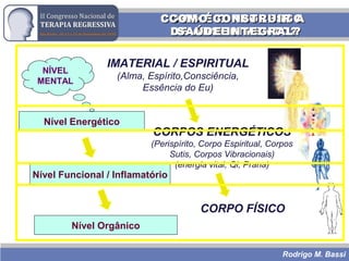 Rodrigo M. Bassi
NÍVEL
MENTAL
Nível Energético
Nível Funcional / Inflamatório
Nível Orgânico
IMATERIAL / ESPIRITUAL
(Alma, Espírito,Consciência,
Essência do Eu)
CORPOS ENERGÉTICOS
(Perispírito, Corpo Espiritual, Corpos
Sutis, Corpos Vibracionais)
(energia vital, Qi, Prana)
CORPO FÍSICO
COMO É O PROCESSOCOMO É O PROCESSO
DE ADOECIMENTO?DE ADOECIMENTO?
COMO CONSTRUIR ACOMO CONSTRUIR A
SAÚDE INTEGRAL?SAÚDE INTEGRAL?
 