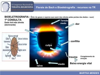 MARTHA MENDES
BIOELETROGRAFIA - (foto de gases e vapores que saem das células pelas pontas dos dedos – suor)
1ª CONSULTA
Dedo Ind mão direita
(dominante) dor
culpa
conflito
trauma
medo
raiva
conflito
Baixa energia vital
Congelamento da
emoção
Florais de Bach e Bioeletrografia : recursos na TR
Tensão/
medo
 