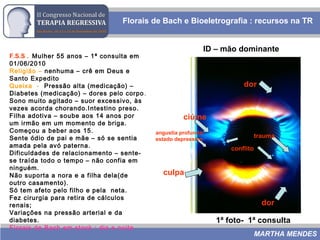 Florais de Bach e Bioeletrografia : recursos na TR
MARTHA MENDES
F.S.S . Mulher 55 anos – 1ª consulta em
01/06/2010
Religião – nenhuma – crê em Deus e
Santo Expedito
Queixa - Pressão alta (medicação) –
Diabetes (medicação) – dores pelo corpo.
Sono muito agitado – suor excessivo, às
vezes acorda chorando.Intestino preso.
Filha adotiva – soube aos 14 anos por
um irmão em um momento de briga.
Começou a beber aos 15.
Sente ódio de pai e mãe – só se sentia
amada pela avó paterna.
Dificuldades de relacionamento – sente-
se traída todo o tempo – não confia em
ninguém.
Não suporta a nora e a filha dela(de
outro casamento).
Só tem afeto pelo filho e pela neta.
Fez cirurgia para retira de cálculos
renais;
Variações na pressão arterial e da
diabetes.
Florais de Bach em stock : dia e noite
ID – mão dominante
ciúme
angustia profunda/
estado depressivo
culpa
dor
dor
conflito
trauma
1ª foto- 1ª consulta
 