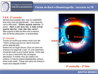 Florais de Bach e Bioeletrografia : recursos na TR
MARTHA MENDES
F.S.S . 2ª consulta
Sempre teve pressão alta ,mas no natal/2009
teve uma crise de hipertensão – “por causa da
nora e filha dela”. “Odeio aquela menina ( 9
anos) . Nem o pai quis ela, a mãe (nora)
queria abortar, mas não deu certo”.
Não suporta a idéia do filho criar a menina.
Uso de florias adequados a necessidade.
4ª consulta -
Trouxe um sonho que mexeu muito com ela.
“Tenho certeza que era eu, tenho uma foto
minha daquele jeito :
Estava em um lugar escuro. Ouvi um choro de
criança e fui seguindo o som. Vi uma menininha
chorando muito e uma mulher bonita . Entre elas
um rio que a menininha não conseguia
atravessar. A mulher virou de costas e foi
embora. A menina estava desesperada, gritava,
tinha muito medo. “Fiquei com pena da criança e
muita raiva daquela mulher”.
4ª consulta – 2ª foto
ciúme
ciúme
trauma
intoxicação
dor
raiva
Energia vital
 
