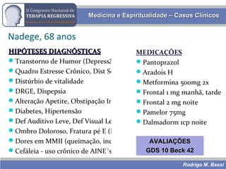Rodrigo M. Bassi
Medicina e Espiritualidade – Casos ClínicosMedicina e Espiritualidade – Casos Clínicos
Nadege, 68 anos
HIPÓTESES DIAGNÓSTICASHIPÓTESES DIAGNÓSTICAS
Transtorno de Humor (Depressão grave/Ansiedade moderada)
Quadro Estresse Crônico, Dist Sono, Sd Fadiga Crônica
Distúrbio de vitalidade
DRGE, Dispepsia
Alteração Apetite, Obstipação Intestinal
Diabetes, Hipertensão
Def Auditivo Leve, Def Visual Leve, Zumbido
Ombro Doloroso, Fratura pé E (há 5a)
Dores em MMII (queimação, incapacitantes)
Cefáleia - uso crônico de AINE´s
MEDICAÇÕES
Pantoprazol
Aradois H
Metformina 500mg 2x
Frontal 1 mg manhã, tarde
Frontal 2 mg noite
Pamelor 75mg
Dalmadorm 1cp noite
AVALIAÇÕESAVALIAÇÕES
GDS 10 Beck 42GDS 10 Beck 42
 
