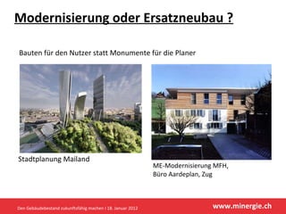 Modernisierung oder Ersatzneubau ? Bauten für den Nutzer statt Monumente für die Planer Stadtplanung Mailand ME-Modernisierung MFH,  Büro Aardeplan, Zug  Den Gebäudebestand zukunftsfähig machen I 18. Januar 2012 