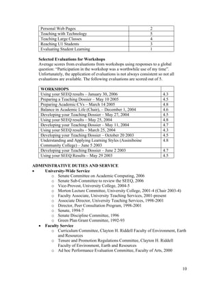 Personal Web Pages                                               2
    Teaching with Technology                                         5
    Teaching Large Classes                                           4
    Reaching U1 Students                                             3
    Evaluating Student Learning                                      1

   Selected Evaluations for Workshops
   Average scores from evaluations from workshops using responses to a global
   question: “Participation in the workshop was a worthwhile use of my time”.
   Unfortunately, the application of evaluations is not always consistent so not all
   evaluations are available. The following evaluations are scored out of 5.

    WORKSHOPS
    Using your SEEQ results – January 30, 2006                               4.3
    Preparing a Teaching Dossier – May 10 2005                               4.5
    Preparing Academic CVs – March 14 2005                                   4.8
    Balance in Academic Life (Chair), – December 1, 2004                     4.6
    Developing your Teaching Dossier – May 27, 2004                          4.5
    Using your SEEQ results – May 25, 2004                                   4.8
    Developing your Teaching Dossier – May 11, 2004                          4.7
    Using your SEEQ results – March 25, 2004                                 4.3
    Developing your Teaching Dossier – October 20 2003                       4.5
    Understanding and Applying Learning Styles (Assiniboine                  4.8
    Community College) – June 5 2003
    Developing your Teaching Dossier – June 2 2003                           4.7
    Using your SEEQ Results – May 29 2003                                    4.5

ADMINISTRATIVE DUTIES AND SERVICE
•   University-Wide Service
       o Senate Committee on Academic Computing, 2006
       o Senate Sub-Committee to review the SEEQ, 2006
       o Vice-Provost, University College, 2004-5
       o Morton Lecture Committee, University College, 2001-4 (Chair 2003-4)
       o Faculty Associate, University Teaching Services, 2001-present
       o Associate Director, University Teaching Services, 1998-2001
       o Director, Peer Consultation Program, 1998-2001
       o Senate, 1994-7
       o Senate Discipline Committee, 1996
       o Green Plan Grant Committee, 1992-93
  • Faculty Service
       o Curriculum Committee, Clayton H. Riddell Faculty of Environment, Earth
           and Resources
       o Tenure and Promotion Regulations Committee, Clayton H. Riddell
           Faculty of Environment, Earth and Resources
       o Ad hoc Performance Evaluation Committee, Faculty of Arts, 2000



                                                                                       10
 