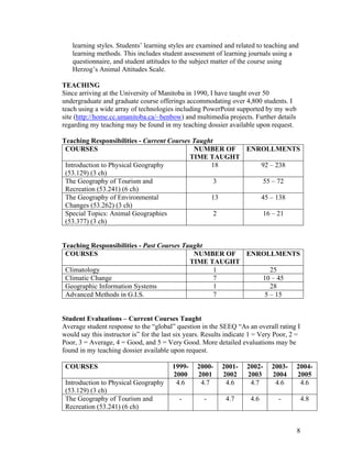 learning styles. Students’ learning styles are examined and related to teaching and
   learning methods. This includes student assessment of learning journals using a
   questionnaire, and student attitudes to the subject matter of the course using
   Herzog’s Animal Attitudes Scale.

TEACHING
Since arriving at the University of Manitoba in 1990, I have taught over 50
undergraduate and graduate course offerings accommodating over 4,800 students. I
teach using a wide array of technologies including PowerPoint supported by my web
site (http://home.cc.umanitoba.ca/~benbow) and multimedia projects. Further details
regarding my teaching may be found in my teaching dossier available upon request.

Teaching Responsibilities - Current Courses Taught
 COURSES                                    NUMBER OF  ENROLLMENTS
                                           TIME TAUGHT
 Introduction to Physical Geography              18       92 – 238
 (53.129) (3 ch)
 The Geography of Tourism and                      3       55 – 72
 Recreation (53.241) (6 ch)
 The Geography of Environmental                  13       45 – 138
 Changes (53.262) (3 ch)
 Special Topics: Animal Geographies                2       16 – 21
 (53.377) (3 ch)


Teaching Responsibilities - Past Courses Taught
 COURSES                                    NUMBER OF  ENROLLMENTS
                                           TIME TAUGHT
 Climatology                                     1           25
 Climatic Change                                 7        10 – 45
 Geographic Information Systems                  1           28
 Advanced Methods in G.I.S.                      7         5 – 15


Student Evaluations – Current Courses Taught
Average student response to the “global” question in the SEEQ “As an overall rating I
would say this instructor is” for the last six years. Results indicate 1 = Very Poor, 2 =
Poor, 3 = Average, 4 = Good, and 5 = Very Good. More detailed evaluations may be
found in my teaching dossier available upon request.

 COURSES                                 1999-    2000-    2001-     2002-    2003-    2004-
                                         2000     2001     2002      2003     2004     2005
 Introduction to Physical Geography       4.6      4.7      4.6       4.7      4.6      4.6
 (53.129) (3 ch)
 The Geography of Tourism and              -         -       4.7      4.6       -           4.8
 Recreation (53.241) (6 ch)


                                                                                       8
 