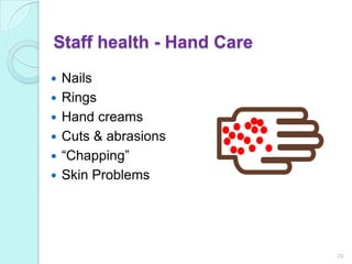 Staff health - Hand Care
   Nails
   Rings
   Hand creams
   Cuts & abrasions
   “Chapping”
   Skin Problems




                           29
 