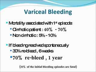 Variceal Bleeding Mortality associated with 1 st  episode: Cirrhotic patient  :  40% - 70% Non cirrhotic : 5% - 10% If bleeding resolved spontaneously 30% re-bleed , 6 weeks 70% re-bleed , 1 year (30% of the initial bleeding episodes are fatal) 