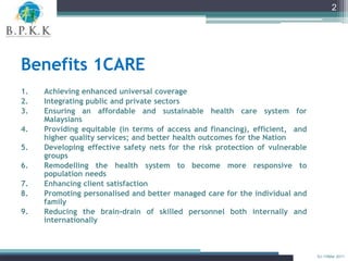 2




Benefits 1CARE
1.   Achieving enhanced universal coverage
2.   Integrating public and private sectors
3.   Ensuring ...