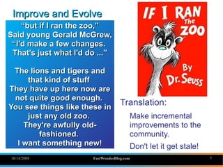 Improve and Evolve
    “but if I ran the zoo,”
Said young Gerald McGrew,
 “I'd make a few changes.
 That's just what I'd d...