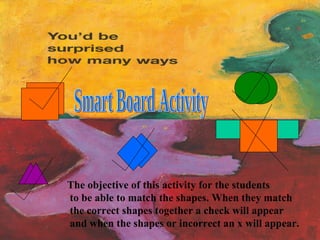 Smart Board Activity The objective of this activity for the students  to be able to match the shapes. When they match  the correct shapes together a check will appear  and when the shapes or incorrect an x will appear. 