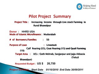 Pilot Project Summary
    Project Title :    Increasing Income through Live stock Farming in
                        Rural Bhawalpur

Donor :    HHRD USA
Mode of Islamic Microfinance : Mudarabah

# of Borrowers/Families         :       50

Purpose of Loan                     :   Livestock
                 Calf Rearing (25), Goat Rearing (15) and Quail Farming
          (10)
    Target Area :       UCs : Goth Mehrab, Sanjjarpur and Jajja Abbasia
                                                            (Tehsil
          Bhawalpur)
    Requested Budget :     US $         26,750

Project Duration       Start Date       01/10/2010 End Date 30/09/2011
 