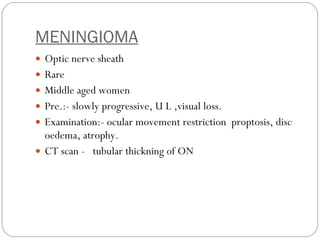 MENINGIOMA Optic nerve sheath Rare  Middle aged women Pre.:- slowly progressive, U L ,visual loss. Examination:- ocular movement restriction  proptosis, disc oedema, atrophy.  CT scan -  tubular thickning of ON 