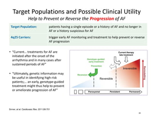 Target Populations and Possible Clinical Utility
                   Help to Prevent or Reverse the Progression of AF
 Target Population:                     patients having a single episode or a history of AF and no longer in
                                        AF or a history suspicious for AF
 4q25 Carriers:                         trigger early AF monitoring and treatment to help prevent or reverse
                                        AF progression


• “Current… treatments for AF are
  initiated after the onset of the
  arrhythmia and in many cases after
  sustained periods of AF”

• “Ultimately, genetic information may
  be useful in identifying high-risk
  patients;… an early, genotype-guided
  treatment might thus help to prevent
  or ameliorate progression of AF”




Sinner, et al. Cardiovasc Res. 2011;89:701
                                                                                                          20
 
