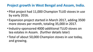Project growth in West Bengal and Assam, India.
• Pilot project had 11,000 Champion TLUD stoves in use
by early 2016.
• Expansion project started in March 2017, adding 3500
more stoves per month, totaling 35,000 in 2017.
• Industry-sponsored 4000 additional TLUD stoves on
tea estates in Assam. (further details later)
• Total of about 50,000 Champion stoves in use today,
and growing.
 