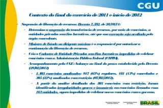 Contexto do final do exercício de 2011 e início de 2012
- Suspensão de liberação de recursos: Decreto 7.592, de 28/ 11:
                                                            10/
    - Determ a suspensão da transferência de recursos, por m de convênios, a
              ina                                                 eio
      entidades privadas sem fins lucrativos, até que sua execução seja avaliada pelo
      órgão concedente.
    - M inistro de Estado ou dirigente m áxim é o responsável por autorizar a
                                              o
      continuação da liberação de recursos.
    - Cria o Cadastro de E ntidade P rivadas sem F L
                                                   ins ucrativos im pedidas de celebrar
      convênios com a Adm    inistração P ública Federal (CE IM
                                                            P ).
    - Acom  panham   ento pela CGU: balanço ao final do prazo estabelecido pelo Decreto
      (29/ 2012)
          02/
        - 1.403 convênios analisados: 917 (65%) regulares, 181 (13%) cancelados e
           305 (22%) analisados com restrição (07/ 2012).
                                                     02/
        - A partir da análise detalhada dos 305 convênios com restrição, foram
           identificadas irregularidades graves e insanáveis em convênios firm  ados com
           164 entidades, agora im  pedidas de celebrar novos convênios como governo.
 