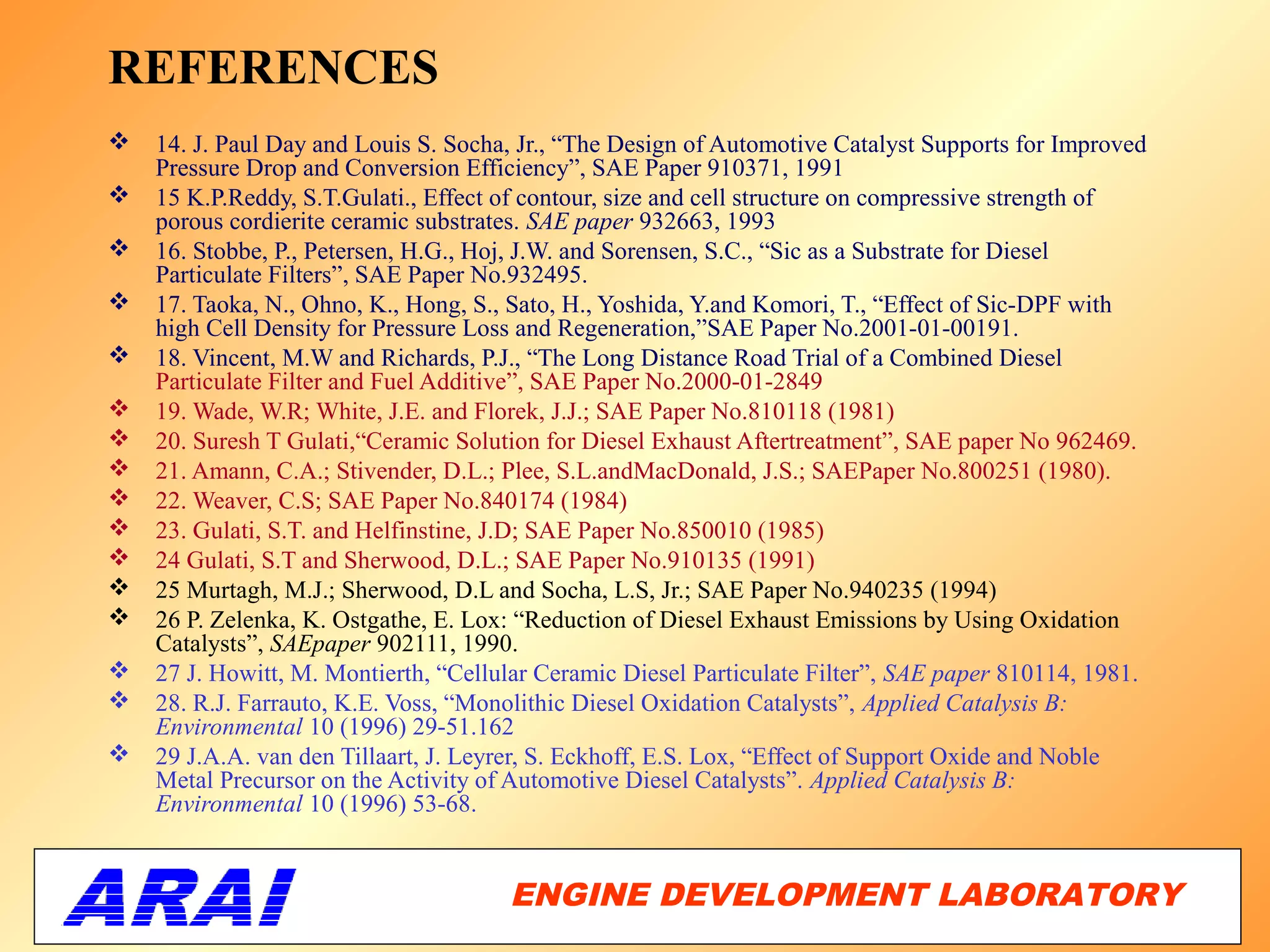 REFERENCES
   14. J. Paul Day and Louis S. Socha, Jr., “The Design of Automotive Catalyst Supports for Improved
    Pressure Drop and Conversion Efficiency”, SAE Paper 910371, 1991
   15 K.P.Reddy, S.T.Gulati., Effect of contour, size and cell structure on compressive strength of
    porous cordierite ceramic substrates. SAE paper 932663, 1993
   16. Stobbe, P., Petersen, H.G., Hoj, J.W. and Sorensen, S.C., “Sic as a Substrate for Diesel
    Particulate Filters”, SAE Paper No.932495.
   17. Taoka, N., Ohno, K., Hong, S., Sato, H., Yoshida, Y.and Komori, T., “Effect of Sic-DPF with
    high Cell Density for Pressure Loss and Regeneration,”SAE Paper No.2001-01-00191.
   18. Vincent, M.W and Richards, P.J., “The Long Distance Road Trial of a Combined Diesel
    Particulate Filter and Fuel Additive”, SAE Paper No.2000-01-2849
   19. Wade, W.R; White, J.E. and Florek, J.J.; SAE Paper No.810118 (1981)
   20. Suresh T Gulati,“Ceramic Solution for Diesel Exhaust Aftertreatment”, SAE paper No 962469.
   21. Amann, C.A.; Stivender, D.L.; Plee, S.L.andMacDonald, J.S.; SAEPaper No.800251 (1980).
   22. Weaver, C.S; SAE Paper No.840174 (1984)
   23. Gulati, S.T. and Helfinstine, J.D; SAE Paper No.850010 (1985)
   24 Gulati, S.T and Sherwood, D.L.; SAE Paper No.910135 (1991)
   25 Murtagh, M.J.; Sherwood, D.L and Socha, L.S, Jr.; SAE Paper No.940235 (1994)
   26 P. Zelenka, K. Ostgathe, E. Lox: “Reduction of Diesel Exhaust Emissions by Using Oxidation
    Catalysts”, SAEpaper 902111, 1990.
   27 J. Howitt, M. Montierth, “Cellular Ceramic Diesel Particulate Filter”, SAE paper 810114, 1981.
   28. R.J. Farrauto, K.E. Voss, “Monolithic Diesel Oxidation Catalysts”, Applied Catalysis B:
    Environmental 10 (1996) 29-51.162
   29 J.A.A. van den Tillaart, J. Leyrer, S. Eckhoff, E.S. Lox, “Effect of Support Oxide and Noble
    Metal Precursor on the Activity of Automotive Diesel Catalysts”. Applied Catalysis B:
    Environmental 10 (1996) 53-68.


                                      ENGINE DEVELOPMENT LABORATORY
                                                                 67
 