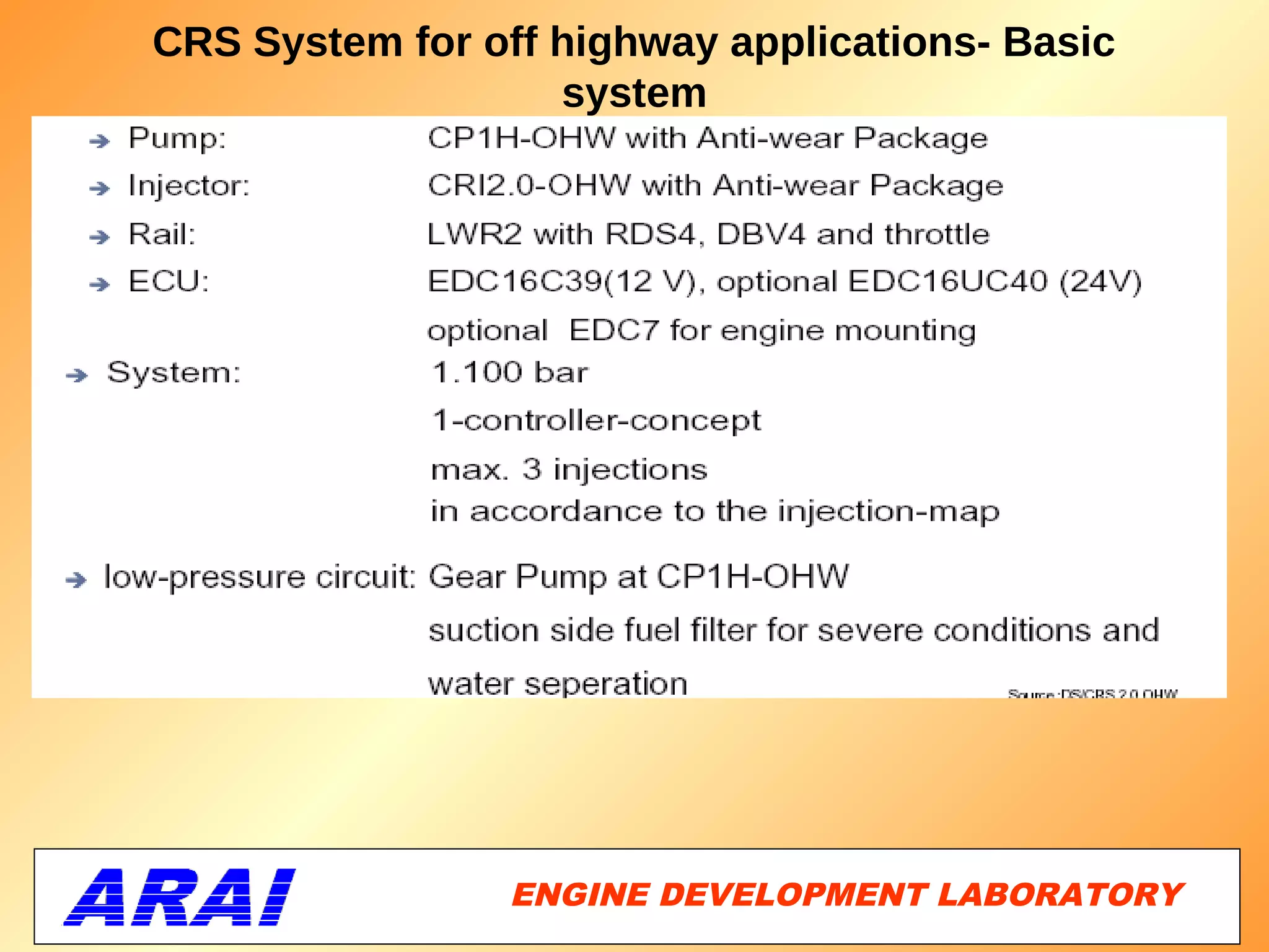 CRS System for off highway applications- Basic
                   system




                 ENGINE DEVELOPMENT LABORATORY
                                            40
 
