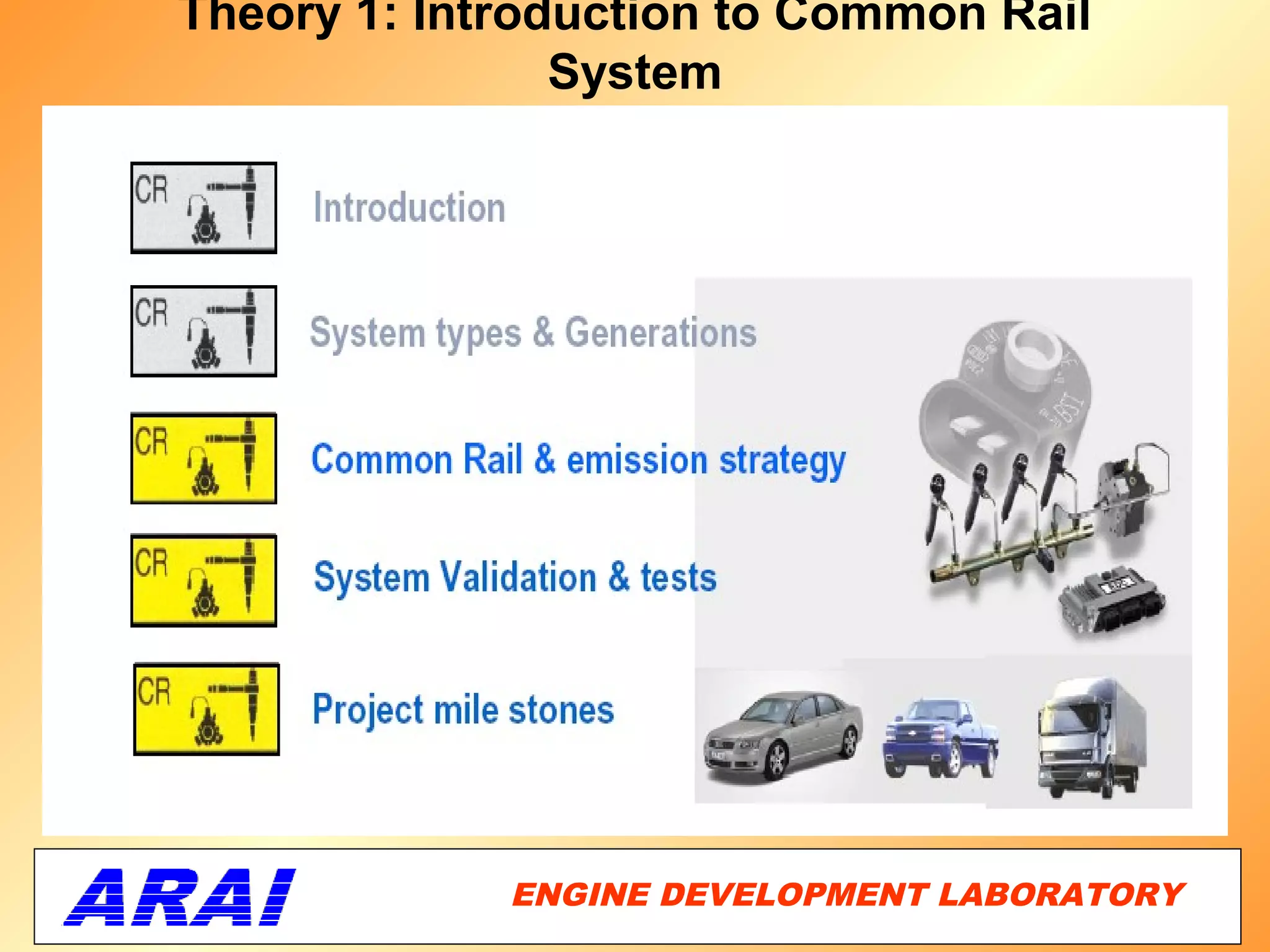 Theory 1: Introduction to Common Rail
                System




             ENGINE DEVELOPMENT LABORATORY
                                        44
 