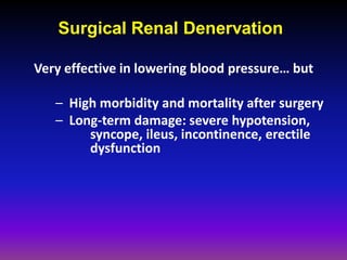 Surgical Renal Denervation

Very effective in lowering blood pressure… but

   – High morbidity and mortality after surgery
   – Long-term damage: severe hypotension,
        syncope, ileus, incontinence, erectile
        dysfunction
 