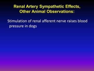 Renal Artery Sympathetic Effects,
     Other Animal Observations:

Stimulation of renal afferent nerve raises blood
 pressure in dogs
 