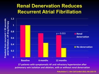 Renal Denervation Reduces
                                                 Recurrent Atrial Fibrillation
                                          1.2
Freedom from recurrent > 30 seconds
  atrial fibrillation, off drug therapy




                                           1

                                          0.8
                                                                                       p = 0.033                Renal
                                          0.6                                                                   denervation


                                          0.4
                                                                                                                No denervation
                                          0.2

                                           0
                                                     Baseline         6 months         12 months
                                                   27 patients with symptomatic AF and refractory hypertension after
                                                pulmonary vein isolation and ablation, with or without renal denervation
                                                                                        Pokushalov E. J Am Coll Cardiol 2012; 60:1163-70
 